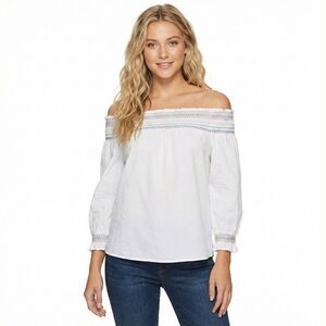 Saks Fifth Avenue Smocked Blouse M NWT White Off Shoulder Embroidery Cotton